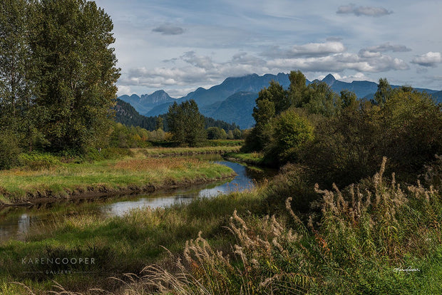 A summer scene of the mountains and green meadow with a still, reflective stream running through the middle. leading toward the mountains in the background 