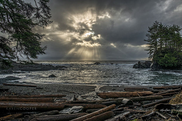 Fine art luxury nature landscape contemporary photography by Karen Cooper Gallery Large golden sun rays breaking through a dark stormy sky over a roaring ocean with medium waves coming toward the driftwood covered beach on West Coast Vancouver Island British Columbia Canada 