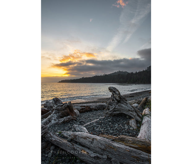 A rocky, driftwood covered beach with small waves at sunset on Vancouver Island in British Columbia 