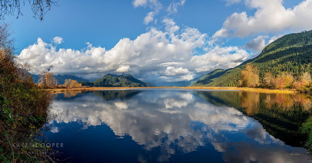 Fine art luxury  nature landscape photography panorama Blue water surrounded by trees and white fluffy clouds in a blue sky in British Columbia 