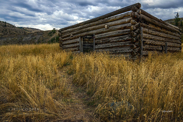 A square log structure without a roof is surrounded by bright yellow grass and barren rolling hills and a dark, cloudy sky. 