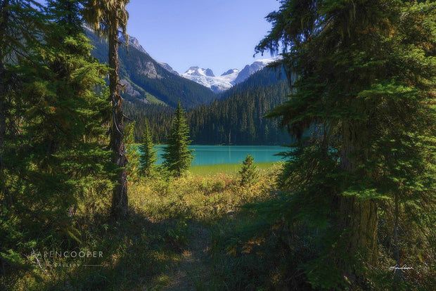A turquoise, still lake surrounded by lush, green evergreens and tree and snow-capped mountains. A pathway is leading toward the lake near Whistler in British Columbia